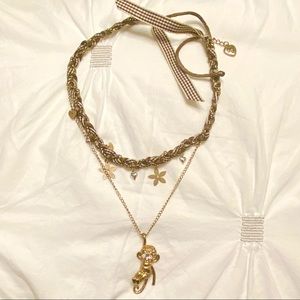 BETSEY JOHNSON - Zoo Lovers Gold Hanging Monkey Ribbon & Charms Necklace